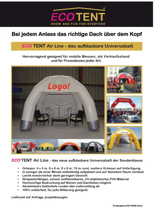 Zelt, Neuheit:  ECO Tent, Luftzelt, Air Line